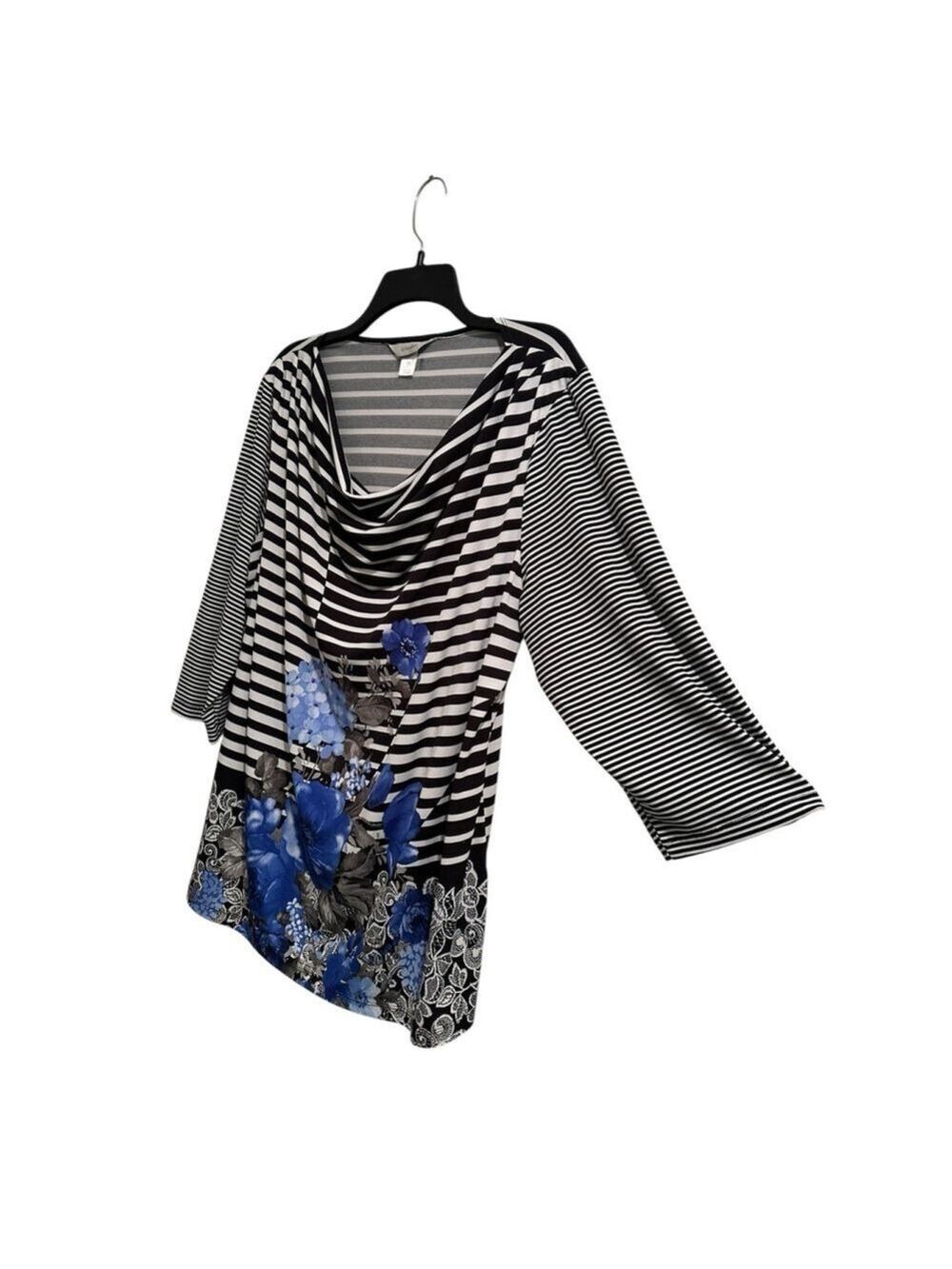 CJ Banks Black & White Stripe Tunic Blouse Womens 1X Cowl Neck with Blue Flowers